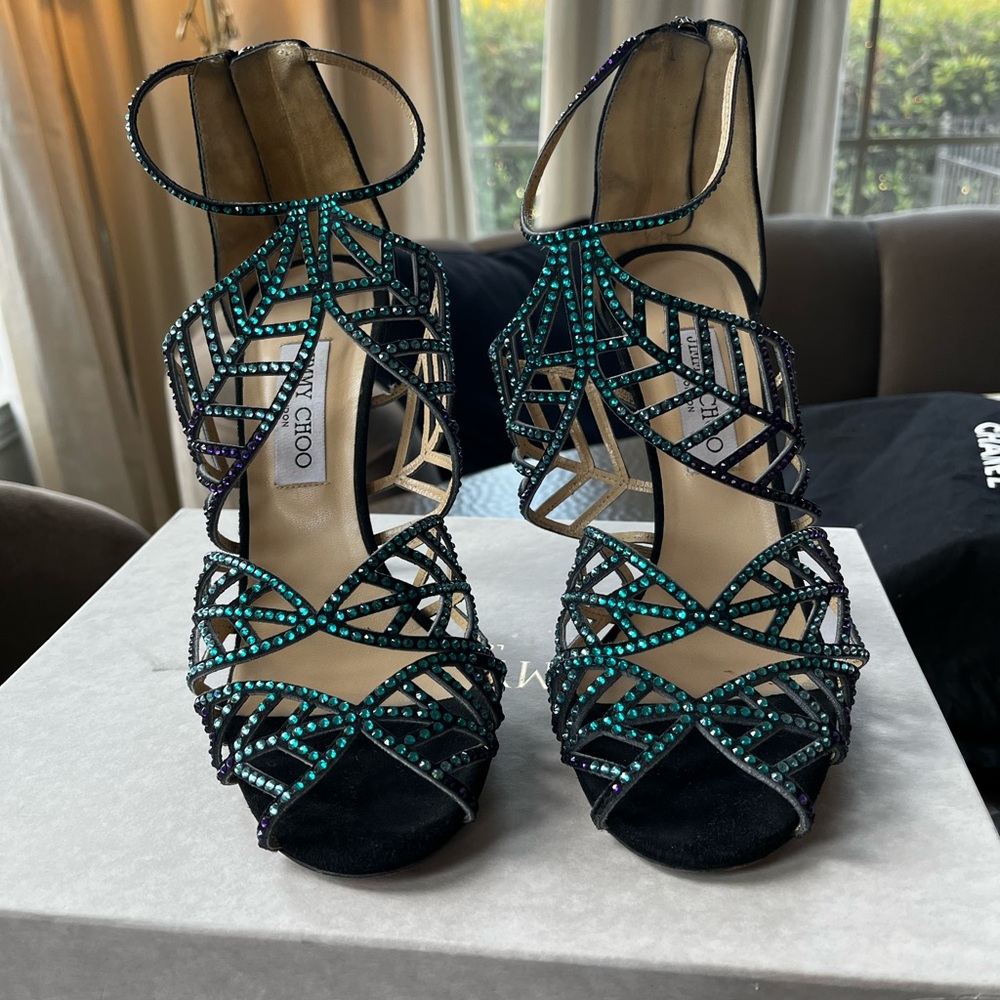 Jimmy Choo Black and Teal Strappy Heels